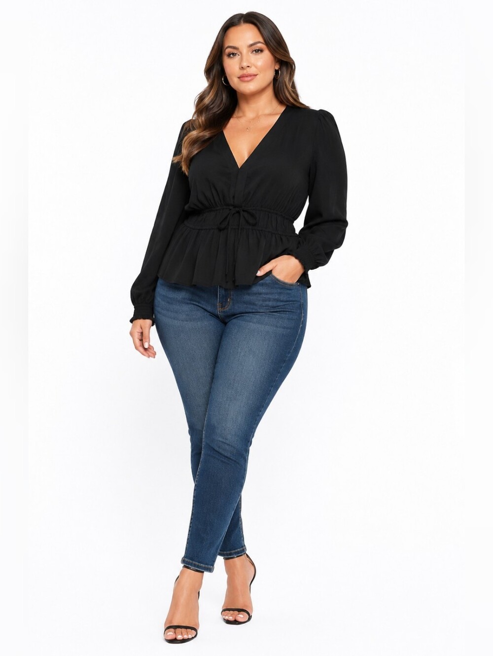 Old Navy Black V-Neck Long Sleeve Drawstring Peplum Blouse